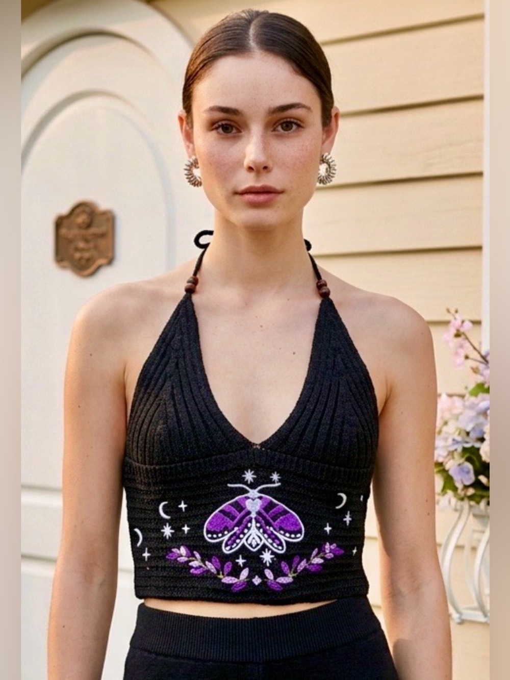 Woman’s Summer Fairycore/Goth Black Halter Knit Embroidered Crop Top M